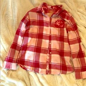 plaid button down with roses on the back